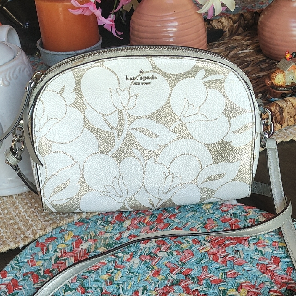 Kate Spade White and Gold Floral Crossbody Bag